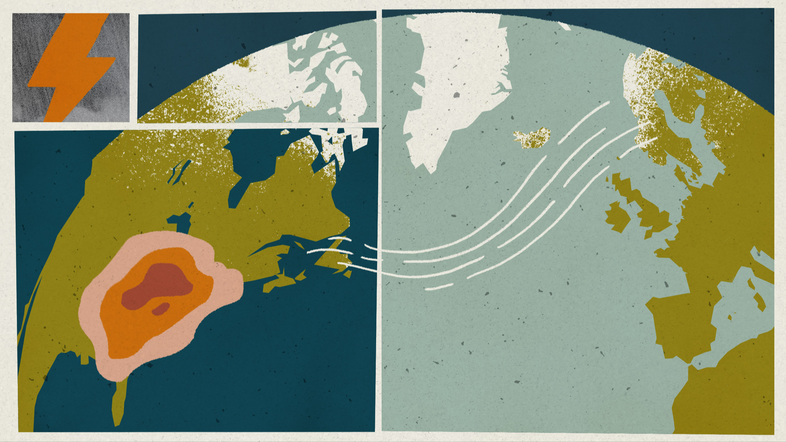 Cartoon of the Earth showing a storm over North America, the jet stream, and a map of Europe 