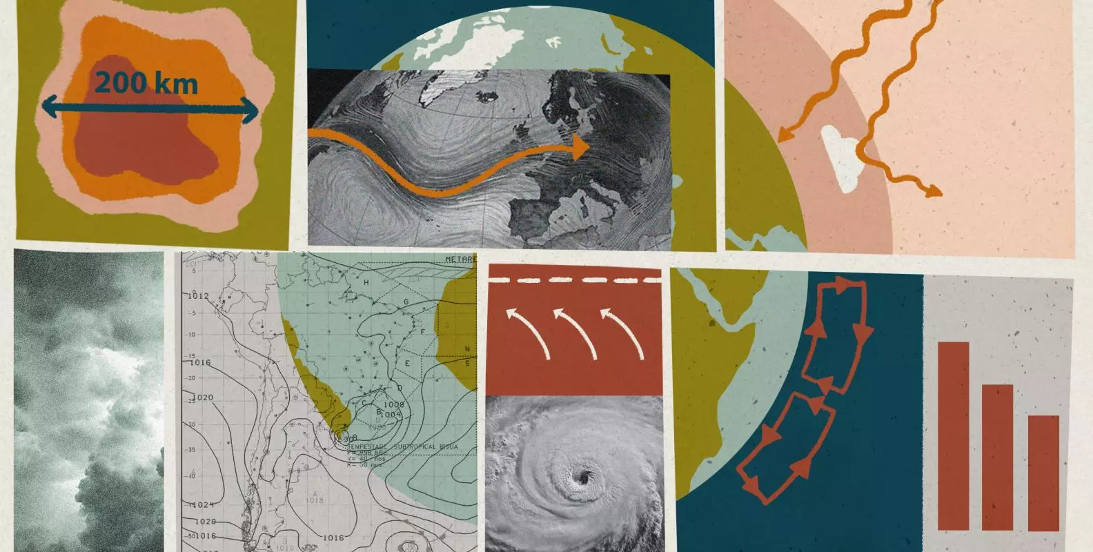 Many tiled images showing different weather events arranged onto a globe